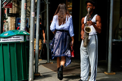 black shoes, blue shirt, blue skirt, brown bag, graphic skirt, high heels, leather bag, leather shoes, paisley, printed skirt, purple bag, street style, jonathan paciullo, FW, frenchystyle, fashion week, NEW YORK, NYFW, SPRING SUMMER 2020, SS 20, horizontal, atmosphere details, full length