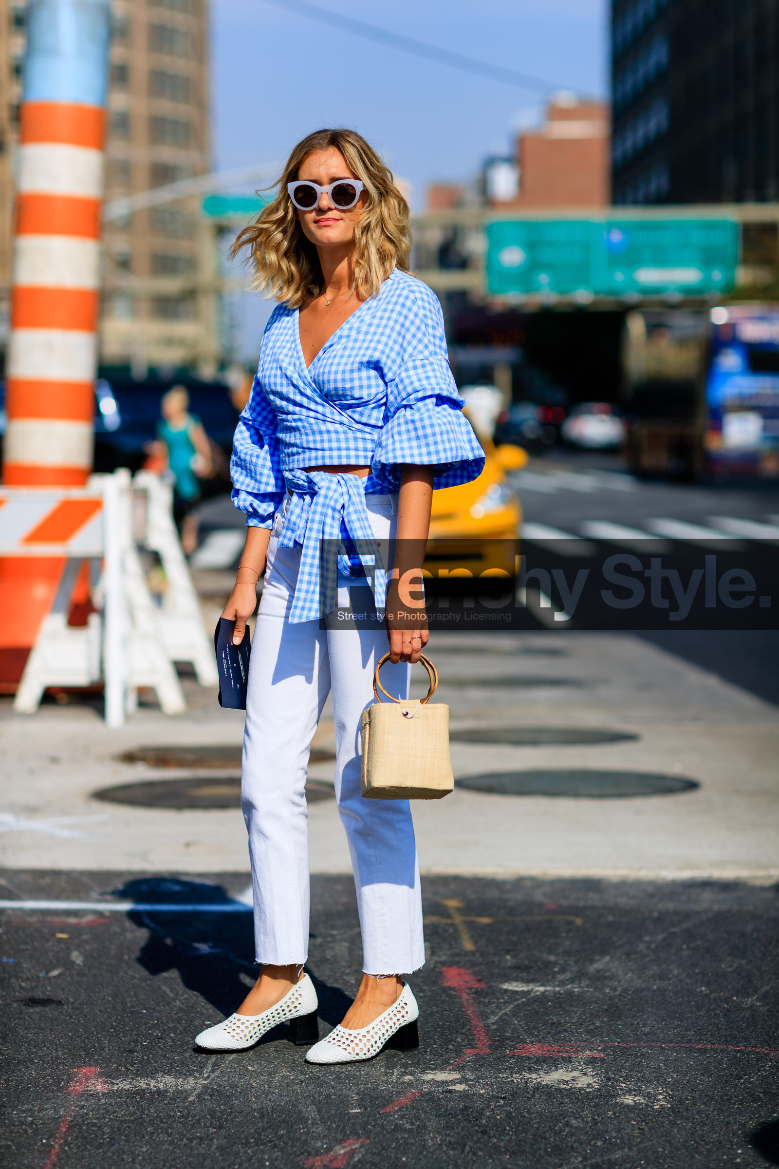 adenorah, beige bag, blue shirt, check shirt, denim pants, fashion week, frenchystyle, full length, FW, gingham, jeans, jonathan paciullo, leather shoes, NEW YORK, NYFW, plaid, SPRING SUMMER 2017, SS 17, street style, sunglasses, tied up shirt, trousers, vertical, white denim, white shoes, woman