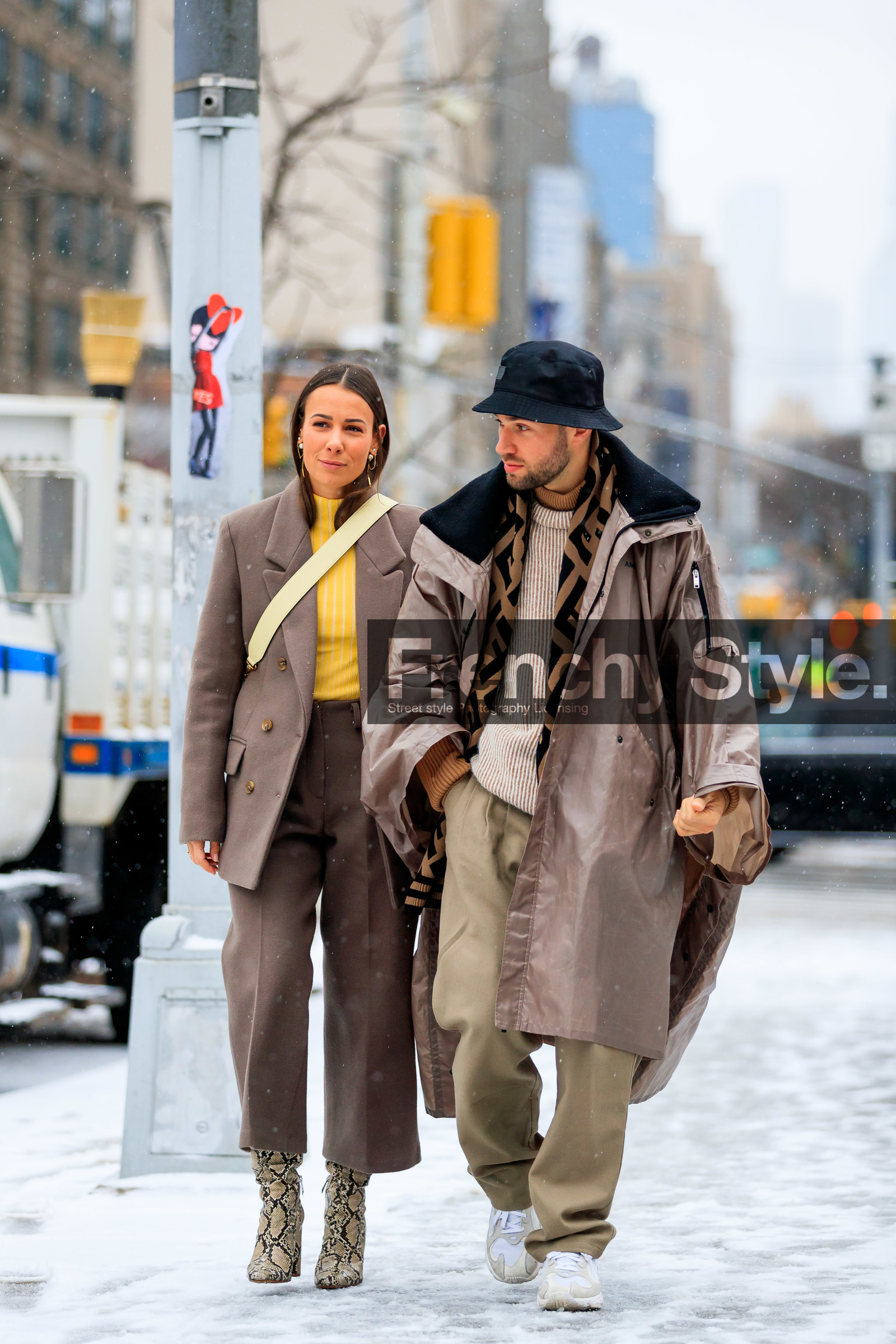 alice & j.s, animal print, beige boots, beige coat, beige pants, beige sweater, black hat, blazer, brown jacket, brown pan, brown pants, brown scarf, brown suit, bucket hat, fendi, high heels, leather shoes, monogram, printed scarf, snake print, trousers, white sneakers, yellow sweater, street style, jonathan paciullo, frenchystyle, NYFW, NEW YORK, AUTUMN WINTER 2019-2020, AW 19-20, FALL WINTER 2019-2020, FW 19-20, fashion week, FW, vertical, full length