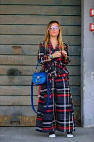 black and white shoes, black pants, black shirt, blue bag, checked, chloé, graphic jacket, graphic pants, graphic shirt, leather bag, plaid, printed jacket, printed pants, printed shirt, sunglasses, tartan, trousers, wide pants, street style, jonathan paciullo, FW, frenchystyle, fashion week, MFW, MILAN, SPRING SUMMER 2019, SS 19, vertical, full length