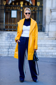 black bag, bustier top, fashion week, frenchystyle, full length, FW, jonathan paciullo, leather bag, navy pants, PARIS, PFW, sofie valkiers, SPRING SUMMER 2017, SS 17, street style, sunglasses, trousers, vertical, white top, yellow coat
