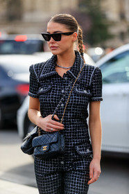 sophia roe, black jumpsuit, checked jumpsuit, short sleeves jumpsuit, multi pocket jumpsuit, silvered jumpsuit, lurex jumpsuit, crossbody bag, black sunglasses, celine sunglasses, butterfly sunglasses, button jumpsuits, black leather bag, quilted bag, silvered chain strap bag, golden chain strap bag, multi bag, chanel bag, chanel jumpsuit, fashion week, frenchystyle, FW, jonathan paciullo, street style, PFW, PARIS, vertical, atmosphere details, detail