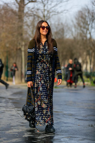 laure heriard dubreuil, kaki cardigan, navy blue cardigan, lurex cardigan, sequins cardigan, striped cardigan, floral printed dress, black dress, lurex dress, button dress, golden dress, polka dots dress, long dress, laced boots, black leather boots, flat boots, black leather bag, pearls bag, quilted bag, chanel bag, long cardigan, chanel cardigan, burgundy sunglasses, fashion week, frenchystyle, FW, jonathan paciullo, street style, PFW, PARIS, vertical, full length