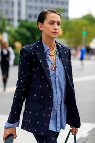 blue shirt, embroidered jacket, graphic jacket, laurel pantin, navy jacket, necklace, printed jacket, striped shirt, street style, jonathan paciullo, FW, frenchystyle, fashion week, NEW YORK, NYFW, SPRING SUMMER 2020, SS 20, vertical, detail, atmosphere details
