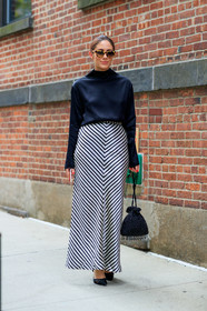 black and white, black bag, black shoes, black top, geometric, graphic skirt, high heels, high waist, leather shoes, printed skirt, sequined bag, striped skirt, stripes, sunglasses, street style, jonathan paciullo, FW, frenchystyle, fashion week, NEW YORK, NYFW, SPRING SUMMER 2020, SS 20, vertical, full length