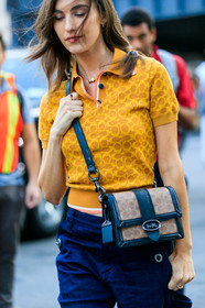 coach, leather bag, model, trousers, yellow knit, street style, jonathan paciullo, FW, frenchystyle, fashion week, NEW YORK, NYFW, SPRING SUMMER 2020, SS 20, vertical, detail, atmosphere details