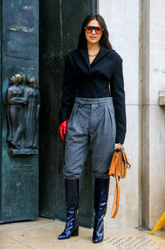 doina ciobanu, high boots, high heels boots, animal skin boots, navy blue leather boots, dark grey pants, carrot pants, carrera sunglasses, red gloves, camel leather bag, chloe bag, animal skin bag, black jacket, striped pants, low necked jacket, red sunglasses, blue sunglasses, corset jacket, big chain necklace, golden necklace, fashion week, frenchystyle, FW, jonathan paciullo, street style, SPRING SUMMER 2020, SS 20, PFW, PARIS, vertical, full length