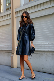 black bag, black dress, black shoes, flip flops, leather bag, leather dress, leather shoes, necklace, sunglasses, tone on tone, total look black, street style, jonathan paciullo, FW, frenchystyle, fashion week, NEW YORK, NYFW, SPRING SUMMER 2020, SS 20, vertical, full length