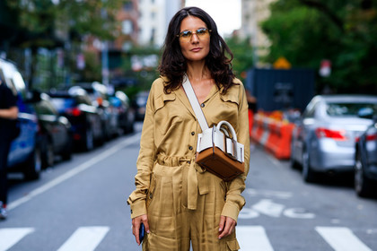 beige jumpsuit, boyy, camel bag, graphic bag, leather bag, printed bag, sunglasses, trousers, white bag, street style, jonathan paciullo, FW, frenchystyle, fashion week, NEW YORK, NYFW, SPRING SUMMER 2020, SS 20, horizontal, atmosphere details, detail