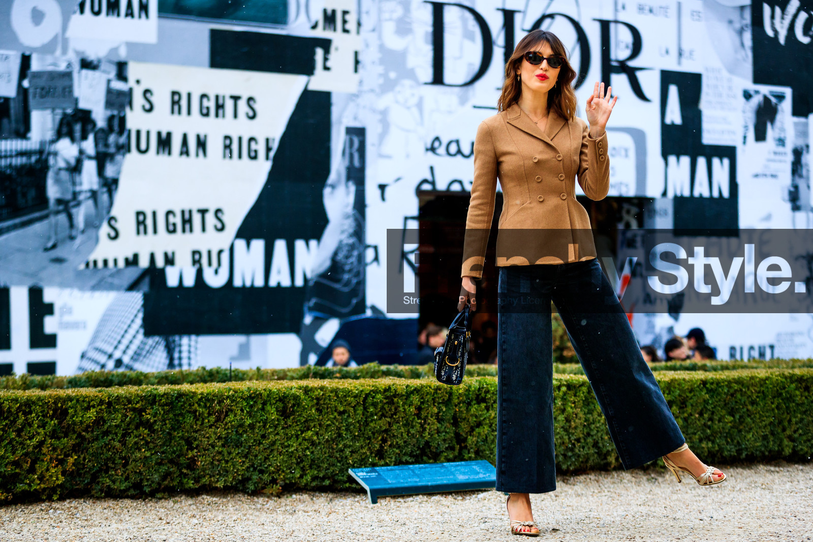 black bag, black denim, camel jacket, christian dior, denim pants, golden shoes, graphic bag, high heels, jeans, leather bag, leather shoes, monogram, printed bag, sunglasses, trousers, fashion week, frenchystyle, FW, jonathan paciullo, street style, PFW, PARIS, AUTUMN WINTER 2018-2019, FALL WINTER 2018-2019, FW 18-19, horizontal, atmosphere details, full length, jeanne damas