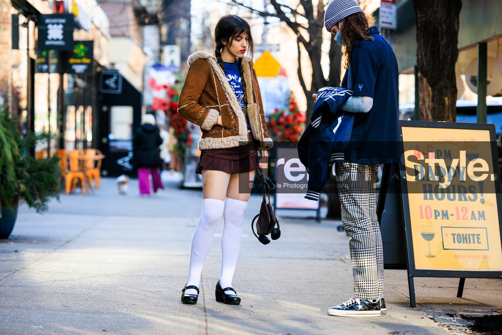 school girl style, high knee white socks, black derbies, mini brozn skirt, blue tshirt print, brown furry jacket, mini brown bag, blue converse, blue knitted striped beanie, fashion week, frenchystyle, FW, jonathan paciullo, street style, NYFW, NEW YORK, AUTUMN WINTER 2022-2023, FALL WINTER 2022_2023, FW 22-23, atmosphere details, horizontal, full length