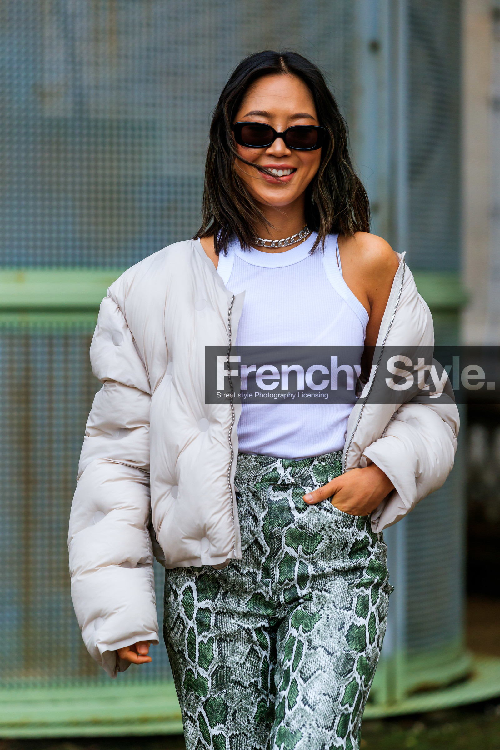 aimee song, white down jacket, quilted coat, white t-shirt, animal print pants, green pants, sleeveless t-shirt, sleeveless top, black sunglasses, margiela coat, fashion week, frenchystyle, FW, jonathan paciullo, street style, SPRING SUMMER 2020, SS 20, PFW, PARIS, vertical, atmosphere details, detail