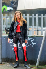 black bag, black jacket, black pants, black shoes, graphic pants, leater pant, leather bag, leather jacket, leather pants, leather shoes, printed pants, red t shirt, trousers, street style, jonathan paciullo, FW, frenchystyle, fashion week, LFW, LONDON, AUTUMN WINTER 2018-2019, AW 18-19, FALL WINTER 2018-2019, FW 18-19, vertical, full length, model, frankie mason