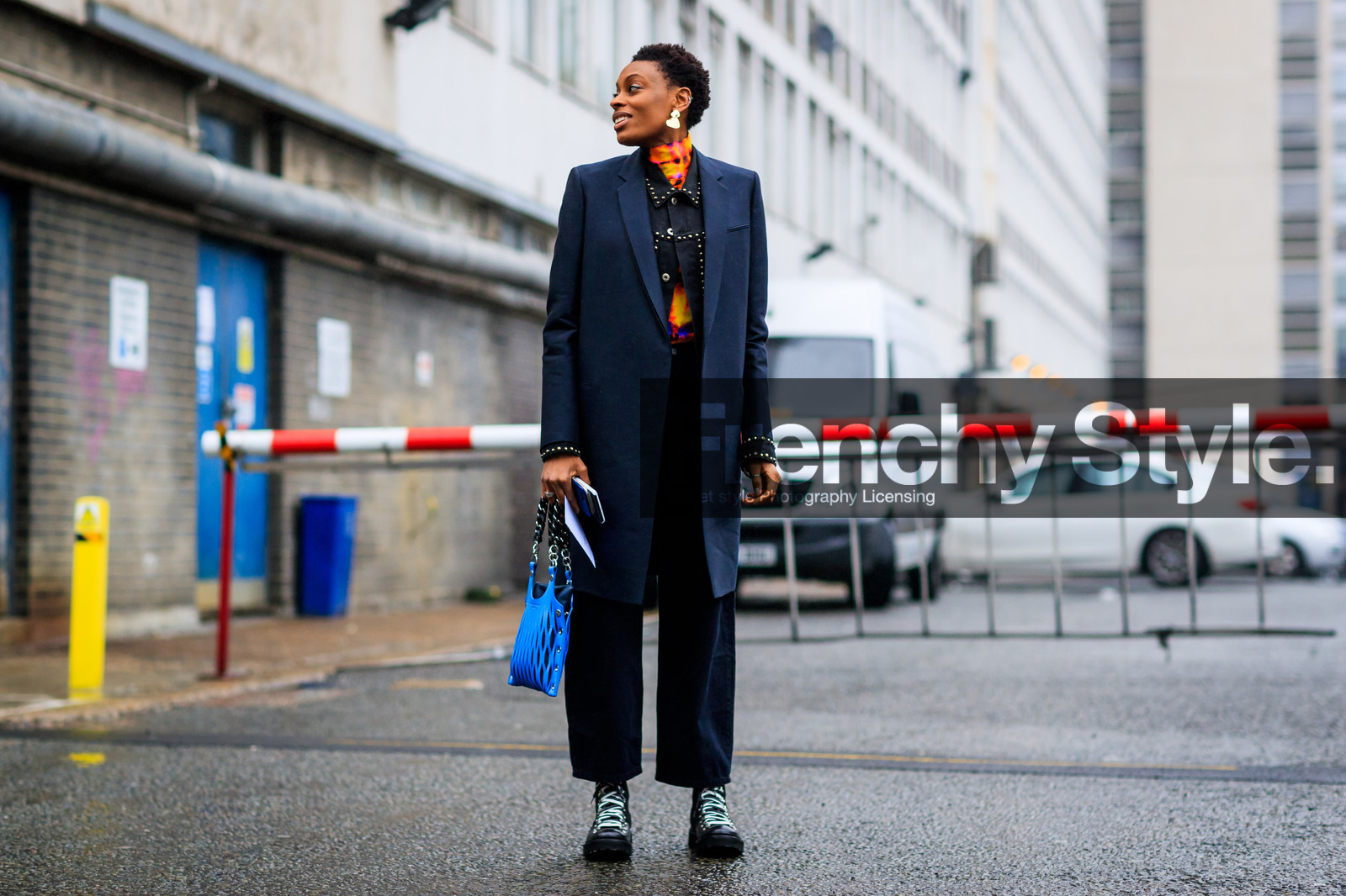 black coat, black denim, black pants, black shoes, blue bag, denim jacket, fishnet, leather bag, leather shoes, studs, trousers, street style, jonathan paciullo, FW, frenchystyle, fashion week, LFW, LONDON, AUTUMN WINTER 2018-2019, AW 18-19, FALL WINTER 2018-2019, FW 18-19, horizontal, atmosphere details, full length, donna wallace