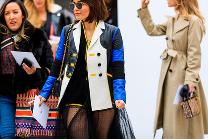 black bag, black dress, black sweater, christian dior, graphic jacket, leather bag, leather jacket, multicolor jacket, patchwork, printed jacket, satin stitch, sunglasses, fashion week, frenchystyle, FW, jonathan paciullo, street style, PFW, PARIS, AUTUMN WINTER 2018-2019, FALL WINTER 2018-2019, FW 18-19, horizontal, atmosphere details