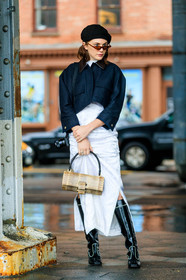 beige bag, beret, black hat, black shoes, blue jacket, graphic bag, high boots, high heels, leather bag, leather shoes, printed bag, studs, sunglasses, white dress, street style, jonathan paciullo, FW, frenchystyle, fashion week, NYFW, NEW YORK, AUTUMN WINTER 2018-2019, AW 18-19, FALL WINTER 2018-2019, FW 18-19, vertical, full length