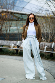 blazer, blue denim, brown jacket, Chriselle Lim, denim pants, high waist jeans, jeans, red lips, sunglasses, trousers, turtleneck sweater, white bag, white top, wide pants, street style, jonathan paciullo, frenchystyle, NYFW, NEW YORK, AUTUMN WINTER 2019-2020, AW 19-20, FALL WINTER 2019-2020, FW 19-20, fashion week, FW, vertical, full length