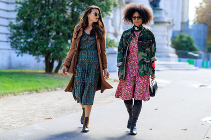 atmosphere details, black boots, brown boots, brown coat, camo jacket, camouflage, fashion week, frenchystyle, full length, FW, green dress, green jacket, horizontal, jonathan paciullo, leather bag, leather shoes, military jacket, PARIS, PFW, pink dress, printed dress, printed jacket, SPRING SUMMER 2017, SS 17, street style, sunglasses, trench coat