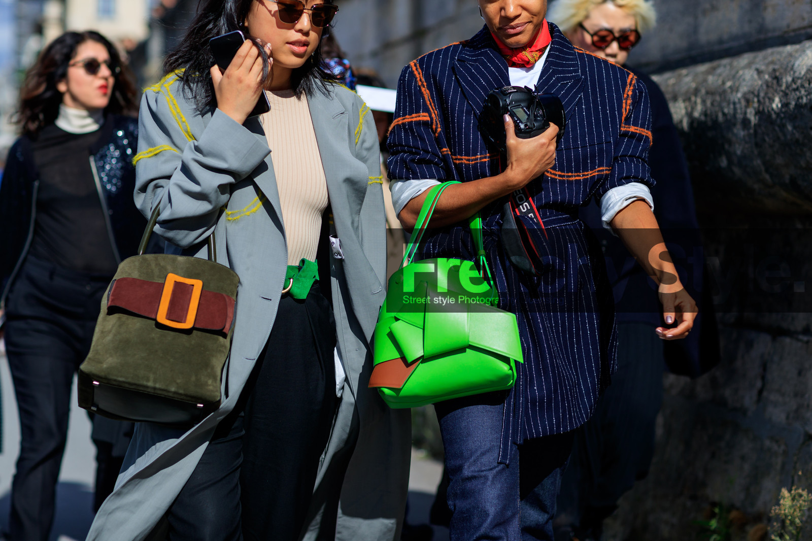 atmosphere details, detail, fashion week, frenchystyle, FW, green bag, grey coat, horizontal, jonathan paciullo, leather bag, margaret zhang, navy jacket, PARIS, PFW, printed jacket, SPRING SUMMER 2017, SS 17, street style, striped jacket, suede bag, sunglasses, tamu mcpherson, trousers