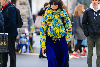 blue pants, corduroy, floral, graphic jacket, multicolor jacket, printed jacket, sunglasses, trousers, yellow jacket, street style, jonathan paciullo, FW, frenchystyle, fashion week, PFW, PARIS, AUTUMN WINTER 2018-2019, FALL WINTER 2018-2019, FW 18-19, horizontal, atmosphere details, model
