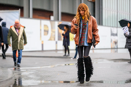 black bag, black shoes, black sweater, blue denim, brown jacket, checked, checked shirt, denim shirt, fringes, graphic shirt, high boots, high heels, hoodie, leather bag, leather jacket, leather shoes, plaid, printed shirt, tartan, tights, street style, jonathan paciullo, FW, frenchystyle, fashion week, NYFW, NEW YORK, AUTUMN WINTER 2018-2019, AW 18-19, FALL WINTER 2018-2019, FW 18-19, atmosphere details, horizontal, full length, ece sukan