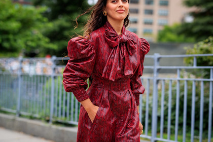 animal print, bow collar, earrings, graphic dress, leather dress, printed dress, red dress, snake print, fashion week, frenchystyle, FW, jonathan paciullo, street style, NEW YORK, NYFW, SPRING SUMMER 2020, SS 20, horizontal, atmosphere details, detail