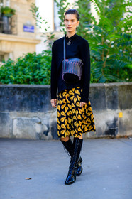 black bag, black boots, black skirt, black sweater, fashion week, frenchystyle, full length, FW, high boots, jonathan paciullo, leather bag, leather shoes, marte mei van haaster, model, PARIS, PFW, printed skirt, SPRING SUMMER 2017, SS 17, street style, studded bag, vertical