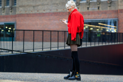 atmosphere details, AUTUMN WINTER 2017-2018, AW 17-18, black boots, black shoes, black socks, FALL WINTER 2017-2018, fashion week, fishnet, frenchystyle, full length, FW, FW 17-18, green skirt, high socks, horizontal, jonathan paciullo, leather shoes, LFW, LONDON, model, over the shoulder, red jacket, street style, tights