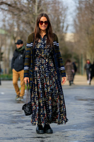 laure heriard dubreuil, kaki cardigan, navy blue cardigan, lurex cardigan, sequins cardigan, striped cardigan, floral printed dress, black dress, lurex dress, button dress, golden dress, polka dots dress, long dress, laced boots, black leather boots, flat boots, black leather bag, pearls bag, quilted bag, chanel bag, long cardigan, chanel cardigan, burgundy sunglasses, fashion week, frenchystyle, FW, jonathan paciullo, street style, PFW, PARIS, vertical, full length