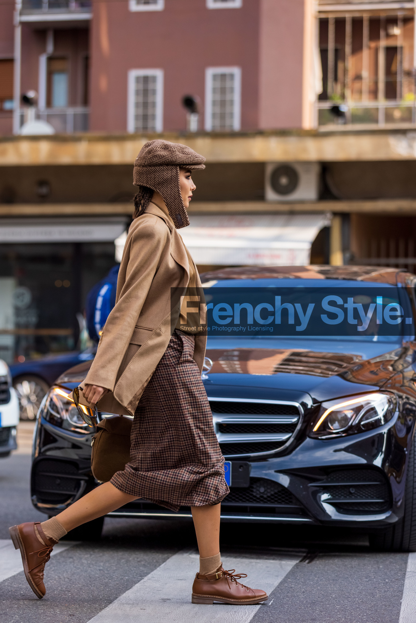 beige blazer, beret, brown boots, brown cap, brown monochrome, check, chevron print, hat, Karina Nigay, leather boots, monochrome, print skirt, tartan skirt, maxmara total look, fashion week, frenchystyle, FW, jonathan paciullo, street style, MFW, MILAN, SPRING SUMMER 2022, SS 22, vertical, full length