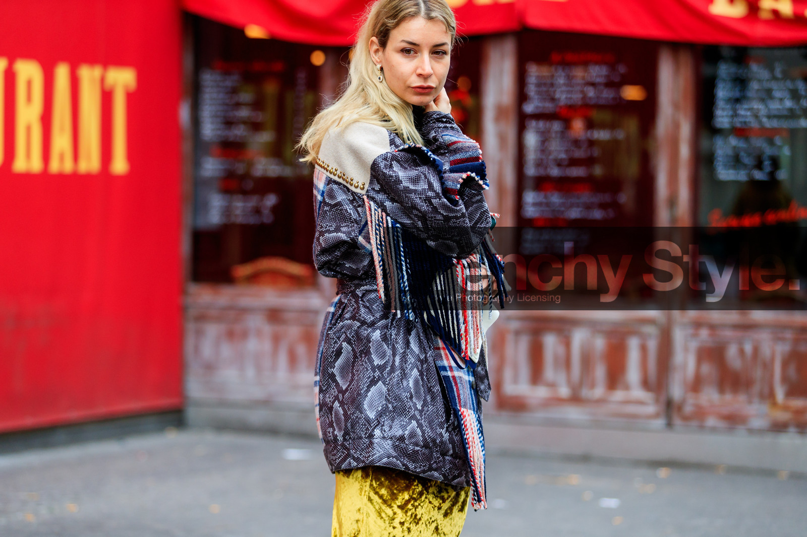 checked, fringes, graphic jacket, grey jacket, plaid, printed jacket, snake print, tartan, velvet, yellow skirt, street style, jonathan paciullo, FW, frenchystyle, fashion week, PFW, PARIS, AUTUMN WINTER 2018-2019, FALL WINTER 2018-2019, FW 18-19, horizontal, atmosphere details, irina lakicevic