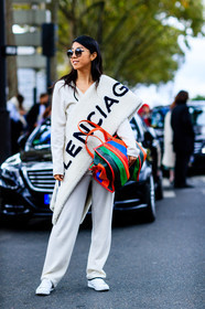 balenciaga, fashion week, frenchystyle, full length, fur scarf, FW, graphic bag, jonathan paciullo, leather bag, leather shoes, PARIS, PFW, printed bag, red bag, SPRING SUMMER 2017, SS 17, street style, striped bag, sunglasses, trousers, vertical, white fur, white pants, white scarf, white sneakers, white sweater, yuyu zhangzou