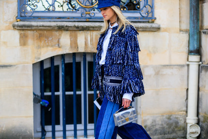 blue denim, blue jacket, christian dior, denim hat, denim pants, graphic jacket, jeans, leather bag, printed jacket, satin stitch, shiny bag, silver bag, trousers, tweed jacket, white shirt, fashion week, frenchystyle, FW, jonathan paciullo, street style, PFW, PARIS, AUTUMN WINTER 2018-2019, FALL WINTER 2018-2019, FW 18-19, horizontal, atmosphere details, helena bordon