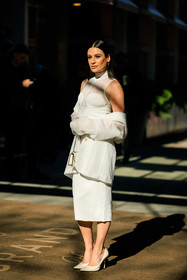 midi white dress, white blazer, white stilettos, fashion week, frenchystyle, FW, jonathan paciullo, street style, NYFW, NEW YORK, AUTUMN WINTER 2022-2023, FALL WINTER 2022_2023, FW 22-23, vertical, full length