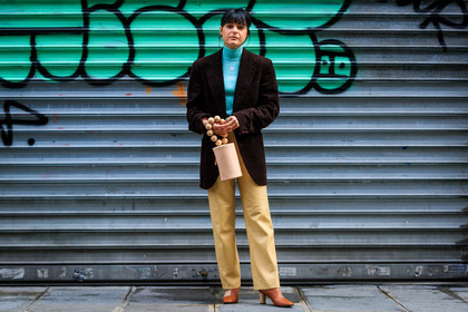 beige pants, blue sweater, brown jacket, camel boots, corduroy, high heels, leather bag, leather pants, leather shoes, pink bag, trousers, turquoise, turtleneck sweater, street style, jonathan paciullo, FW, frenchystyle, fashion week, PFW, PARIS, AUTUMN WINTER 2018-2019, FALL WINTER 2018-2019, FW 18-19, horizontal, atmosphere details, full length, maria bernad