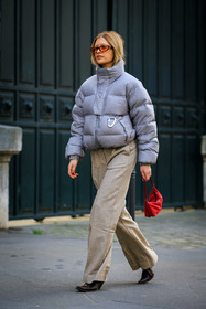 puffed jacket, grey jacket, winter jacket, orange glasses, oatmeal pants, flared pants, red handbag, prada handbag, prada nylon, black boots, street style, jonathan paciullo, FW, frenchystyle, fashion week, AUTUMN WINTER 2022-2023, FALL WINTER 2022_2023, FW 22-23, PFW, PARIS, full length, vertical