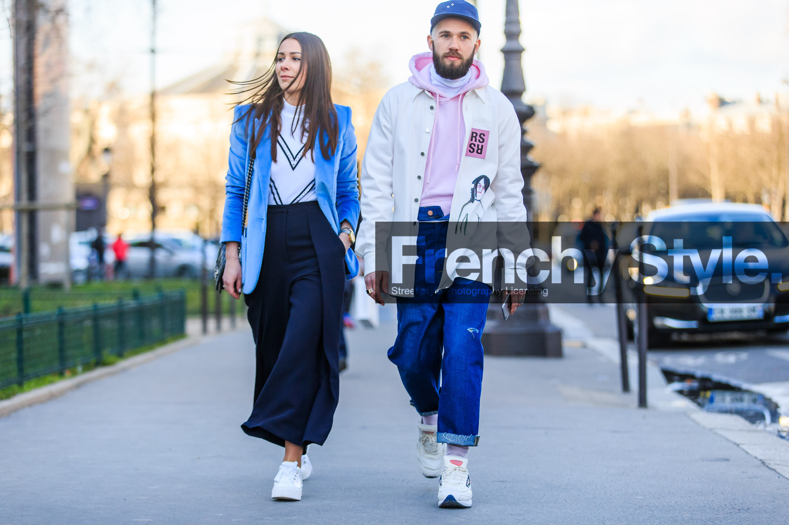 atmosphere details, AUTUMN WINTER 2016-2017, AW 16-17, blazer, blue cap, blue denim, blue jacket, blue pants, denim pants, FALL WINTER 2016-2017, fashion week, frenchystyle, full length, FW, FW 16-17, graphic top, hoodie, horizontal, jeans, jonathan paciullo, leather sneakers, navy pants, PARIS, PFW, pink sweater, printed coat, printed top, raf simons, street style, striped top, trousers, white coat, white sneakers, white top, wide pants