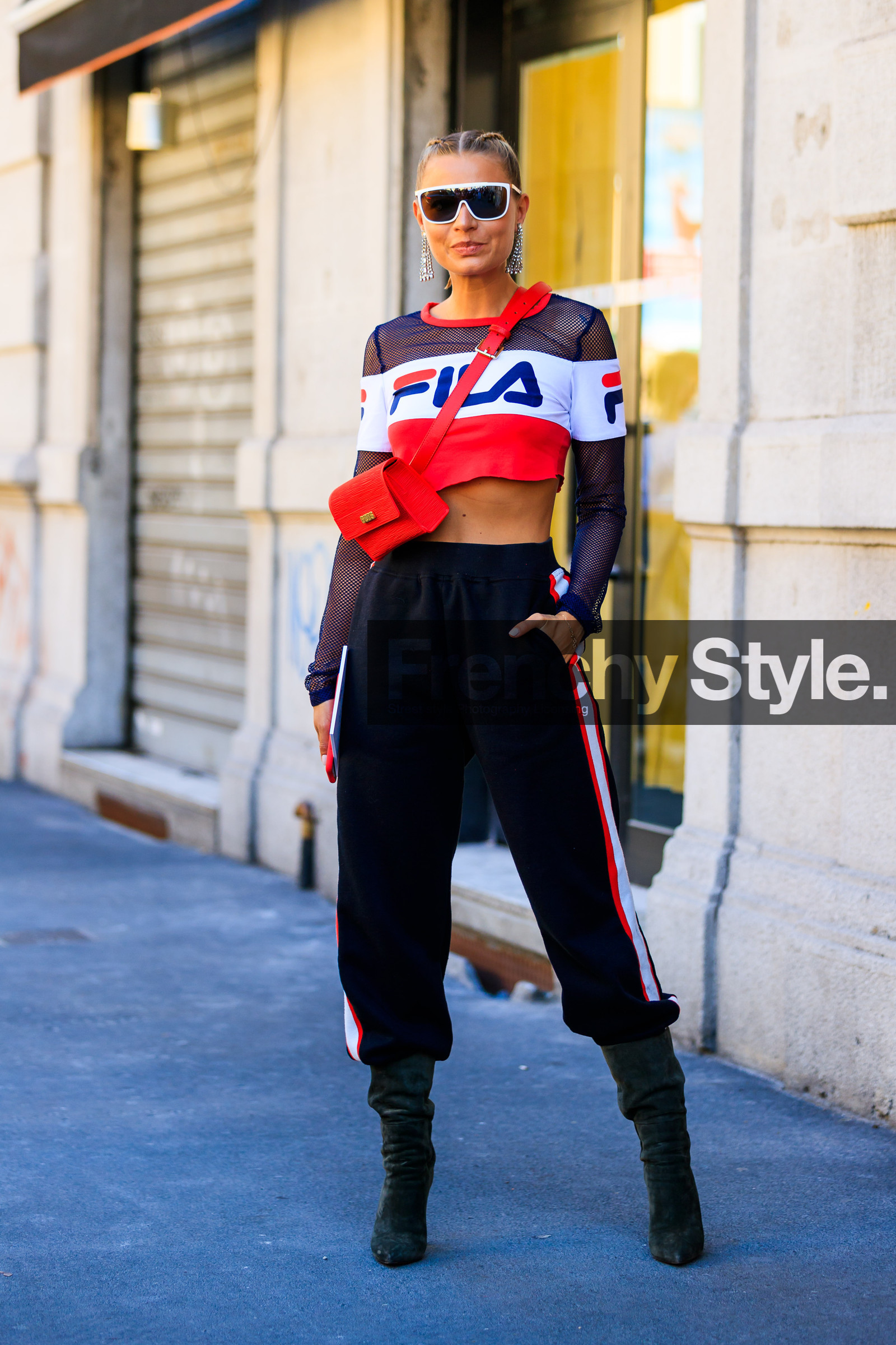 basketball jersey, black pants, black shoes, braids, crop top, earrings, fila, fishnet, green boots, high heels, leather bag, leather shoes, red bag, sunglasses, sweatpants, trousers, veronia ferr, veronica ferraro, street style, jonathan paciullo, FW, frenchystyle, fashion week, MFW, MILAN, SPRING SUMMER 2019, SS 19, vertical, full length