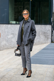 grey coat, grey pants, oversize coat, striped pants, low boots, openwork shoes, black boots, polish boots, mirror sunglasses, butterfly sunglasses, kaki leather shirt, fashion week, frenchystyle, FW, jonathan paciullo, street style, vertical, full length, MFW, MILAN, SPRING SUMMER 2020, SS 20