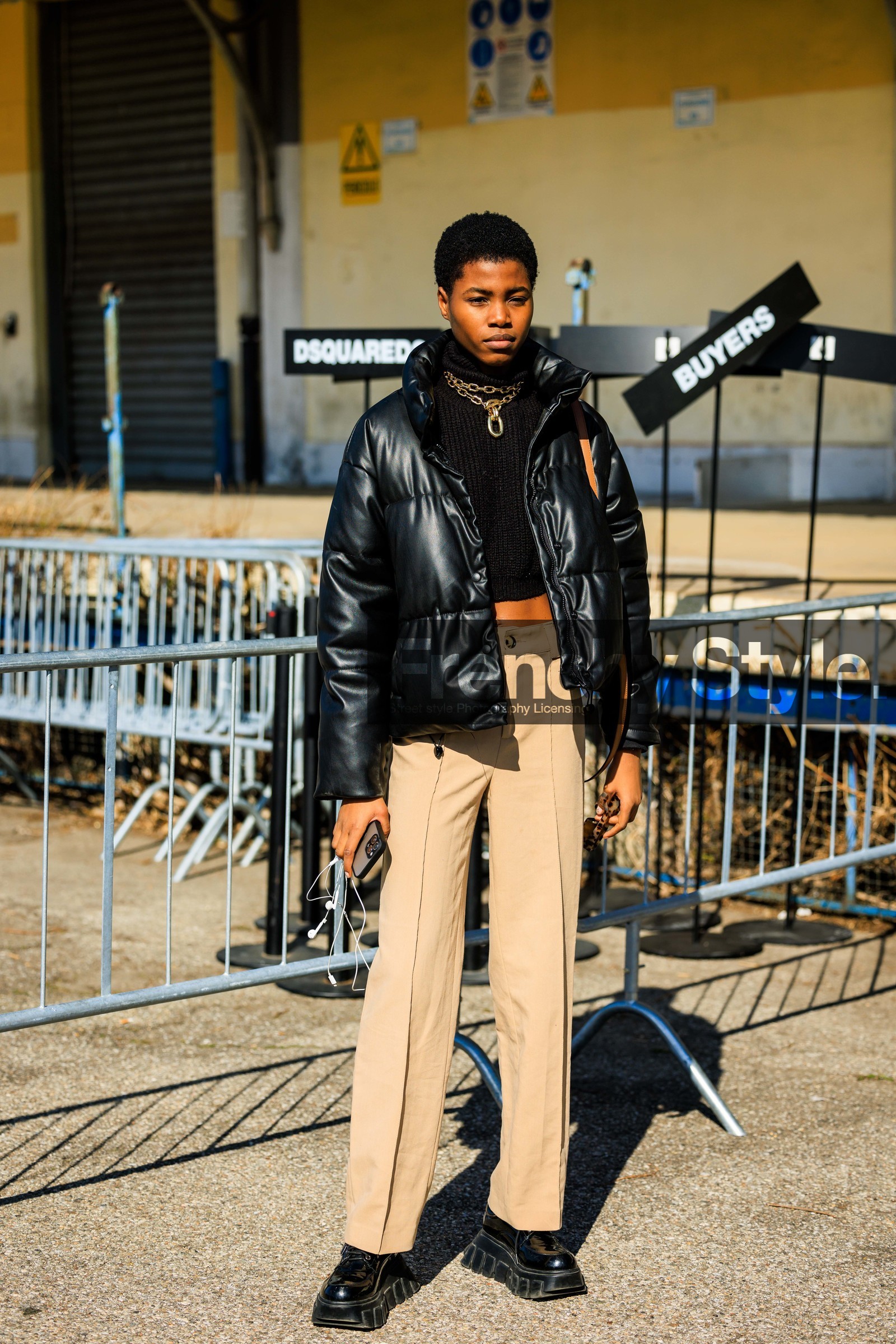 puffed jacket, black turtleneck, golden chain, beige chino pants, black boots, chunky boots, model, fashion week, frenchystyle, FW, jonathan paciullo, street style, vertical, full length