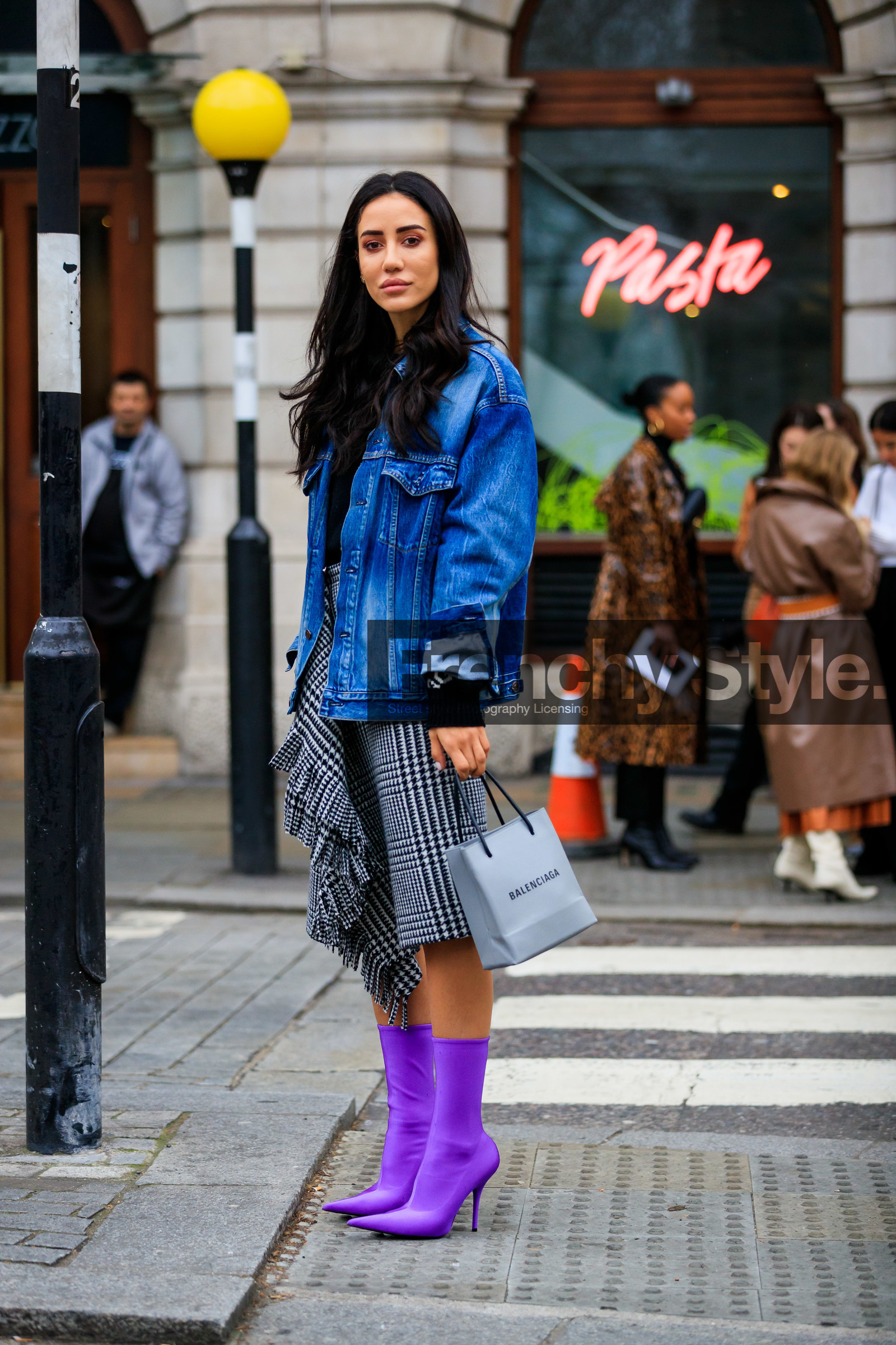 balenciaga, black and white, blue denim, checked, denim jacket, gingham, graphic skirt, grey skirt, high heels, leather bag, leather shoes, plaid, printed skirt, purple boots, tamara kalinic, LONDON, LFW, fashion week, frenchystyle, FW, jonathan paciullo, street style, AUTUMN WINTER 2019-2020, AW 19-20, FW 19-20, FALL WINTER 2019-2020, vertical, full length