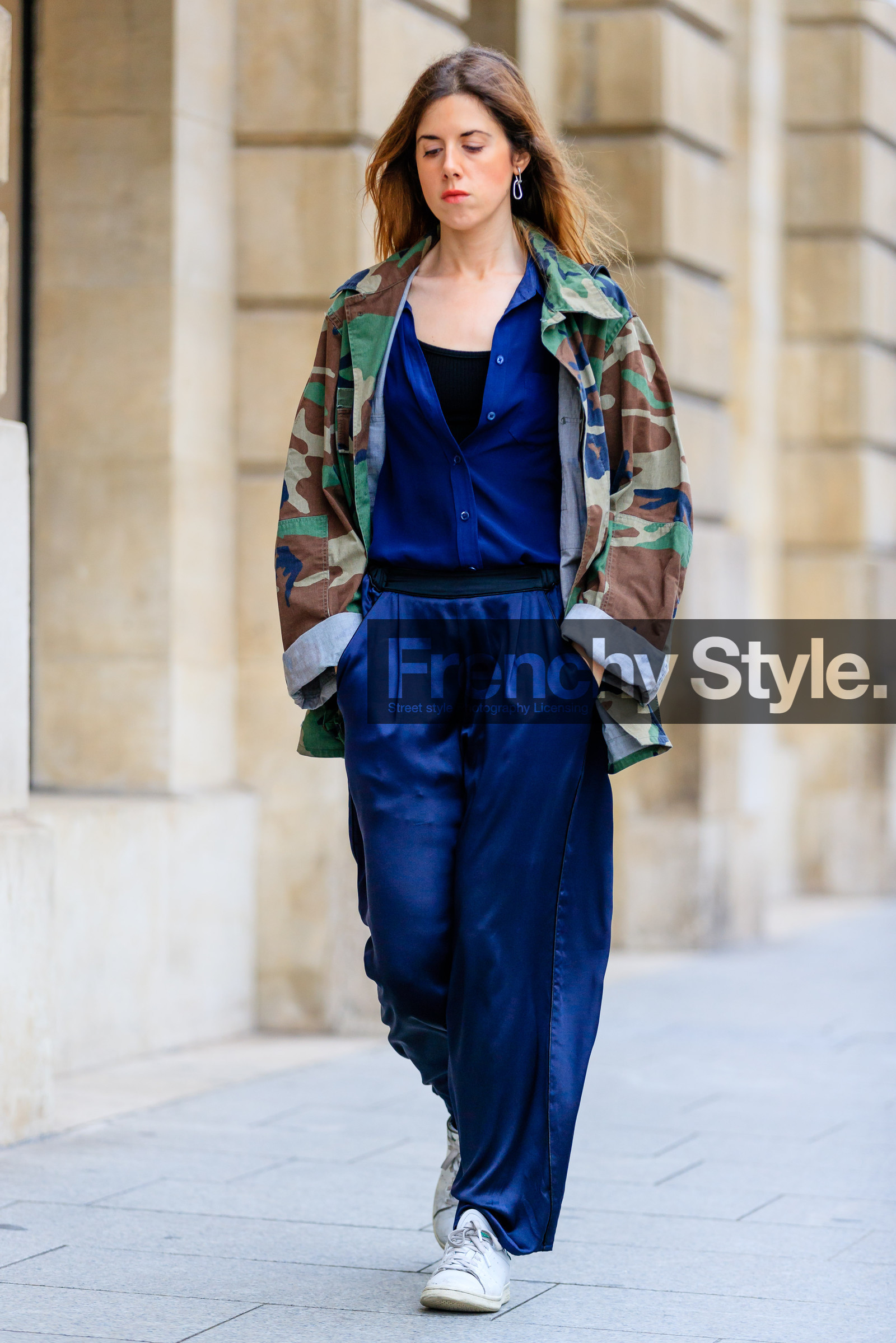 adidas, AUTUMN WINTER 2016-2017, AW 16-17, blue pants, blue shirt, camo jacket, camouflage, FALL WINTER 2016-2017, fashion week, frenchystyle, full length, FW, FW 16-17, green jacket, HAUTE COUTURE, jonathan paciullo, leather sneakers, MENSWEAR, military jacket, PARIS, PFW, printed jacket, silk pants, silk shirt, stan smith, street style, trousers, vertical, white sneakers, wide pants