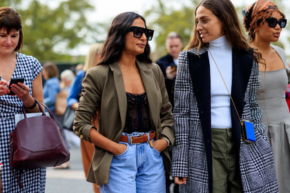 black top, blue bag, blue denim, brown belt, checked, denim pants, erika boldrin, graphic jacket, green jacket, grey coat, high heels, houndstooth pattern, jeans, lace top, leather belt, leather shoes, mini bag, nausheen shah, plaid, printed jacket, sunglasses, trousers, turtleneck sweater, white shoes, white sweater, street style, jonathan paciullo, FW, frenchystyle, fashion week, NEW YORK, NYFW, SPRING SUMMER 2020, SS 20, horizontal, atmosphere details, detail
