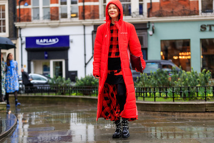 adidas, black shoes, checked, gosha rubchinskiy, graphic dress, hood, leather bag, leather shoes, plaid, printed dress, red bag, red coat, red dress, street style, jonathan paciullo, FW, frenchystyle, fashion week, LFW, LONDON, AUTUMN WINTER 2018-2019, AW 18-19, FALL WINTER 2018-2019, FW 18-19, horizontal, atmosphere details, full length