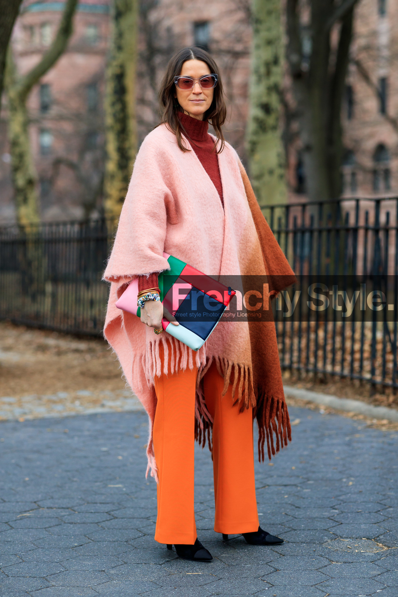 black shoes, bordeaux, burgundy, camel scarf, chanel handbag, graphic bag, high heels, leather bag, leather shoes, multicolor bag, orange pants, pink jacket, pink scarf, poncho, printed bag, red sweater, sunglasses, trousers, turtleneck sweater, street style, jonathan paciullo, frenchystyle, NYFW, NEW YORK, AUTUMN WINTER 2019-2020, AW 19-20, FALL WINTER 2019-2020, FW 19-20, fashion week, FW, vertical, full length