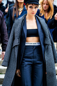 black and white, black bra, black hat, black jacket, black pants, black suit, blazer, checked, christian dior, earrings, graphic jacket, houndstooth pattern, over the shoulder, plaid, printed jacket, trousers, street style, jonathan paciullo, FW, frenchystyle, fashion week, PFW, PARIS, AUTUMN WINTER 2018-2019, FALL WINTER 2018-2019, FW 18-19, vertical, atmosphere details, model, cara delevingne