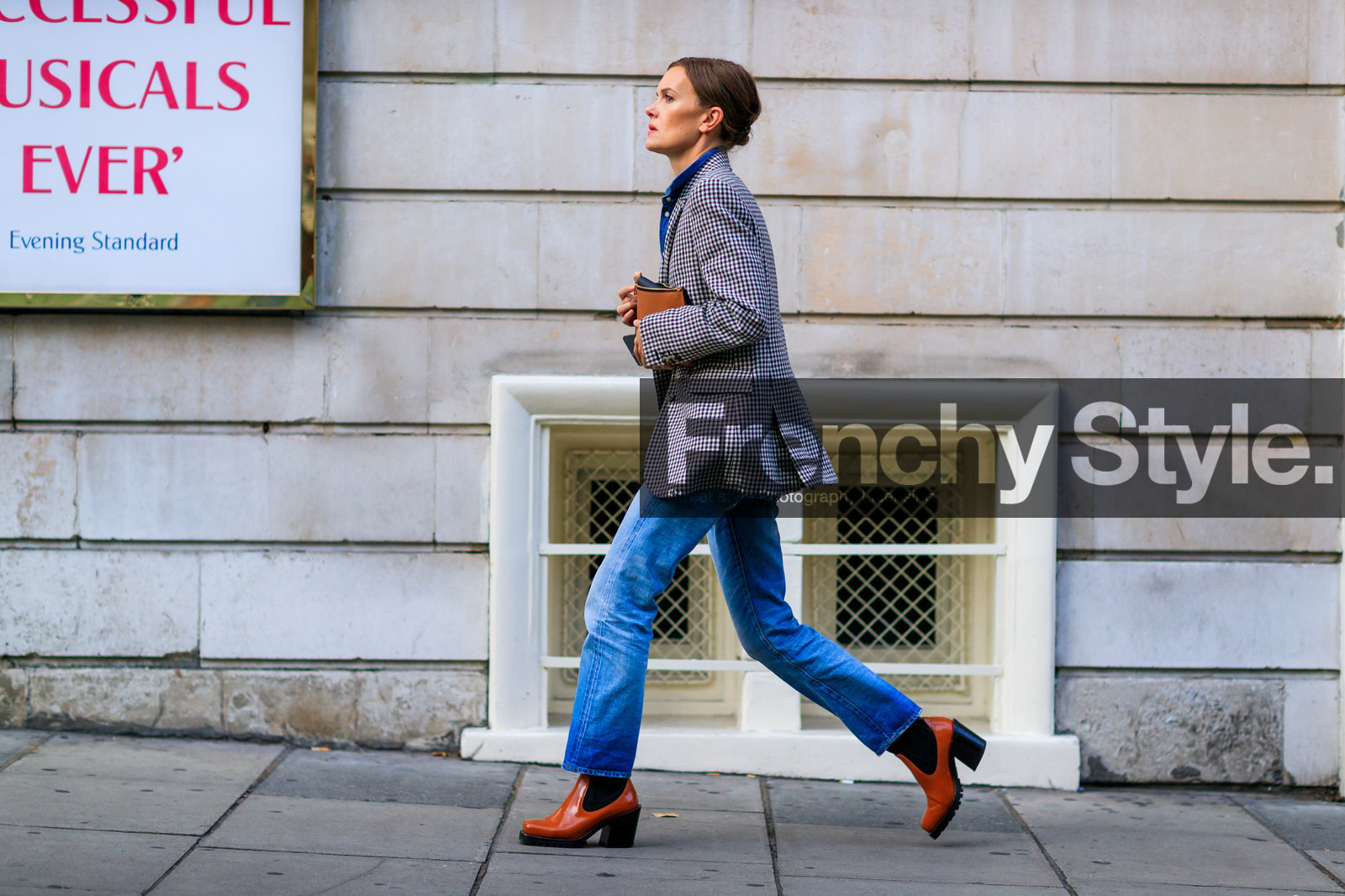 atmosphere details, blazer, blue denim, brown shoes, checked jacket, denim pants, fashion week, frenchystyle, full length, FW, gingham, graphic jacket, high heels, horizontal, jeans, jo ellison, jonathan paciullo, leather shoes, LFW, LONDON, printed jacket, SPRING SUMMER 2018, SS 18, street style, trousers