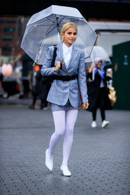 black bag, black belt, blazer, checked, checked jacket, graphic jacket, grey jacket, grey skirt, high heels, leather bag, leather shoes, mini bag, plaid, printed jacket, tartan, tights, umbrella, white shirt, white shoes, street style, jonathan paciullo, FW, frenchystyle, fashion week, NYFW, NEW YORK, AUTUMN WINTER 2018-2019, AW 18-19, FALL WINTER 2018-2019, FW 18-19, vertical, full length, caro daur