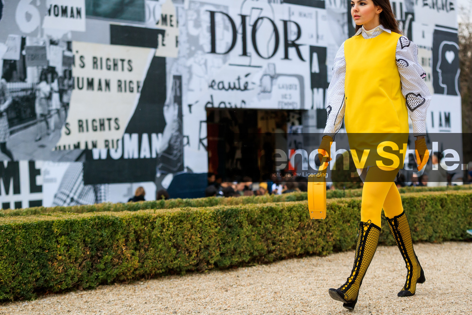 black shoes, christian dior, graphic shirt, high boots, leather bag, leather gloves, leather shoes, printed shirt, striped shirt, tights, yellow bag, yellow dress, yellow gloves, fashion week, frenchystyle, FW, jonathan paciullo, street style, PFW, PARIS, AUTUMN WINTER 2018-2019, FALL WINTER 2018-2019, FW 18-19, horizontal, atmosphere details, doina ciobanu