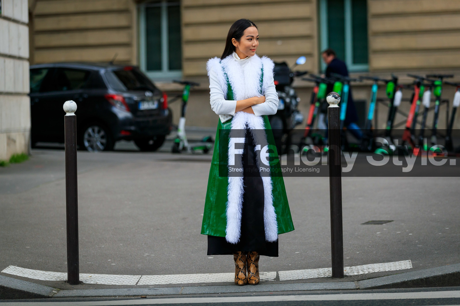 yoyo cao, green polish coat, polish coat, fur coat, white coat, white pullover, turtleneck pullover, black skirt, long skirt, camel leather boots, animal skin boots, sleeveless coat, fashion week, frenchystyle, FW, jonathan paciullo, street style, PFW, PARIS, horizontal, atmosphere details, full length